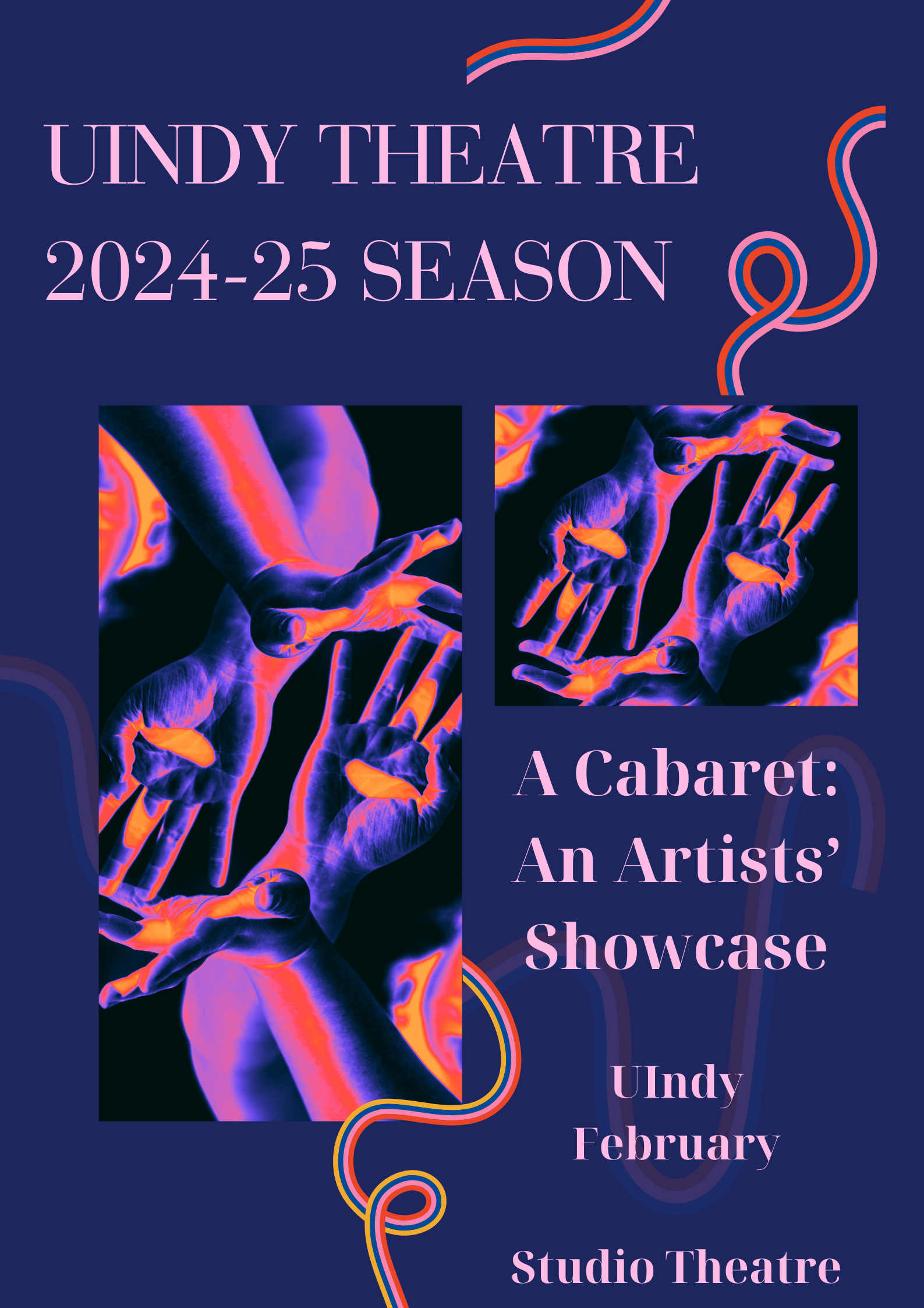 A Cabaret: An Artists' Showcase artwork with show info. Several hands inside a rectangle and square box.